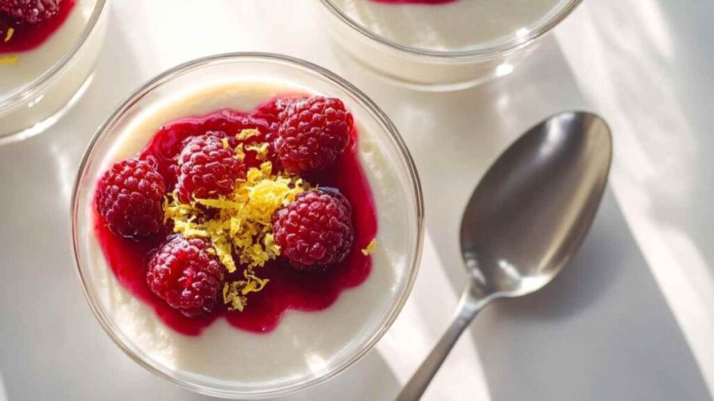 Panna cotta à la vanille servie en verrine avec coulis de framboises, zestes de citron et fruits frais.