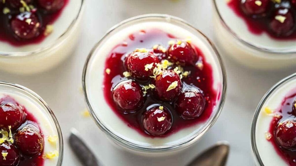 Verrine de panna cotta à la vanille nappée d’un coulis de cerises rouges brillantes et décorée de zestes de citron.