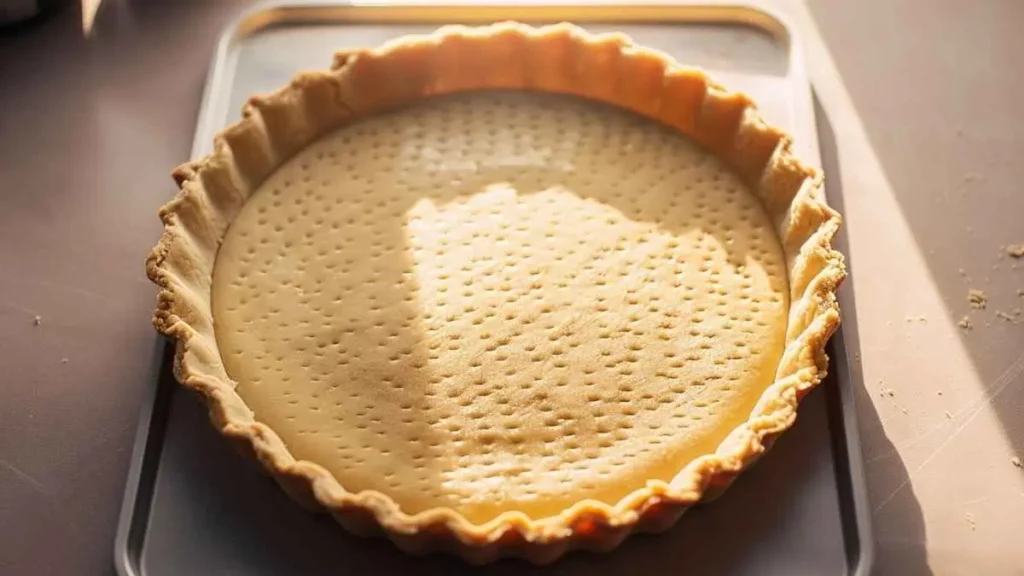Fond de tarte en pâte brisée maison cuit à blanc, doré et piqué à la fourchette, prêt à être garni.