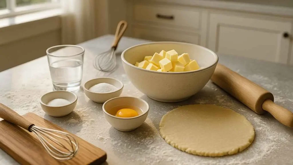 Ingrédients de la pâte brisée maison disposés sur un plan de travail fariné : farine, beurre, œuf, sucre, sel, eau et rouleau à pâtisserie.