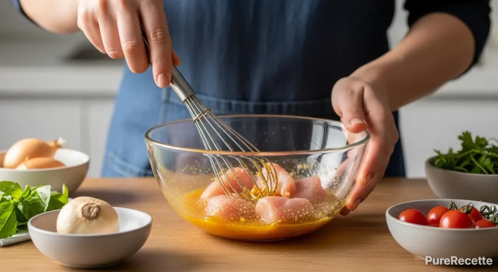 Mains fouettant une marinade dans un saladier en verre avec des morceaux de poulet, entourée d’ingrédients frais sur un plan de travail.