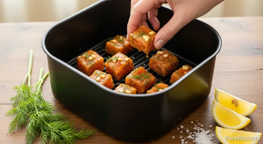 Bouchées de saumon en train de cuire dans un airfryer, disposées sur du papier cuisson.