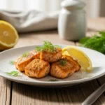 Bouchées de saumon dorées servies avec des rondelles de citron et de l’aneth frais sur une assiette blanche.