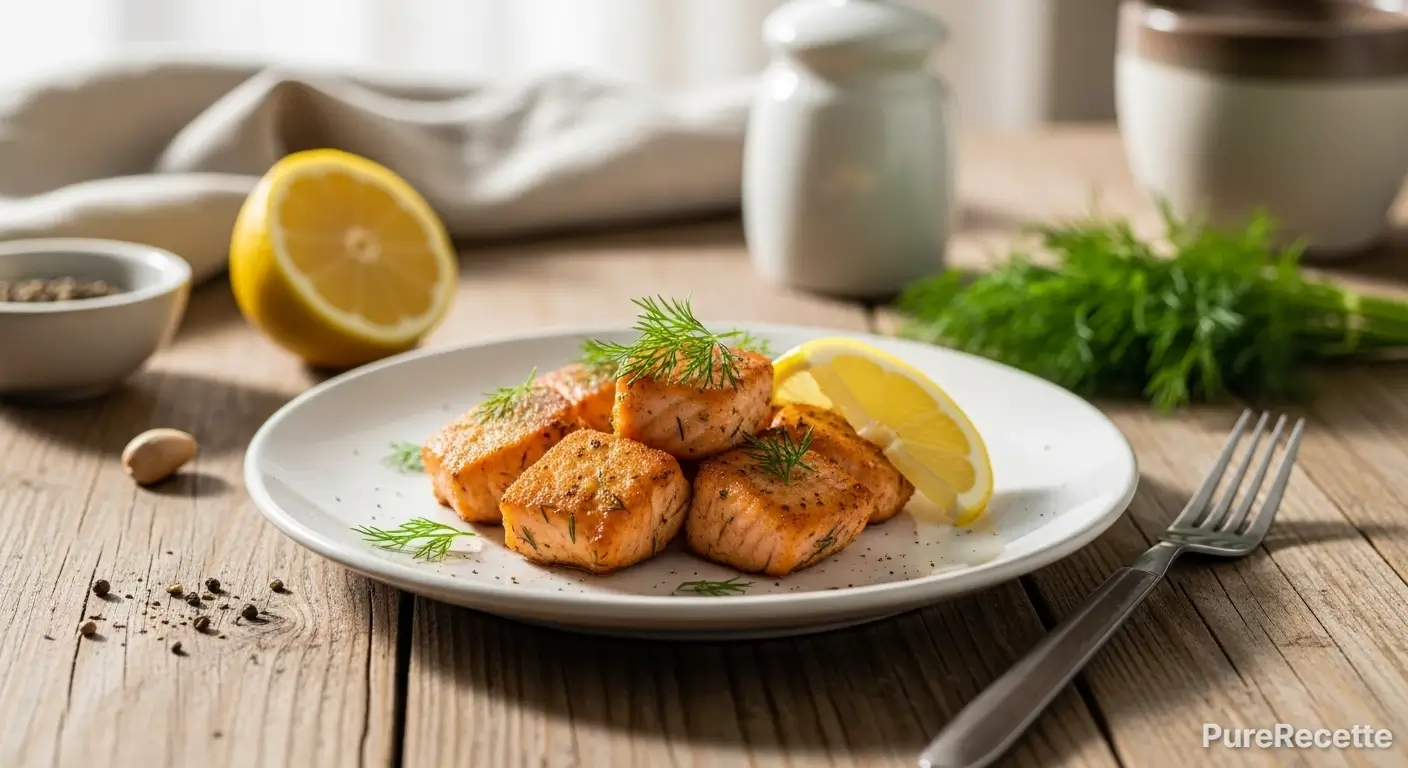 Bouchées de saumon dorées servies avec des rondelles de citron et de l’aneth frais sur une assiette blanche.