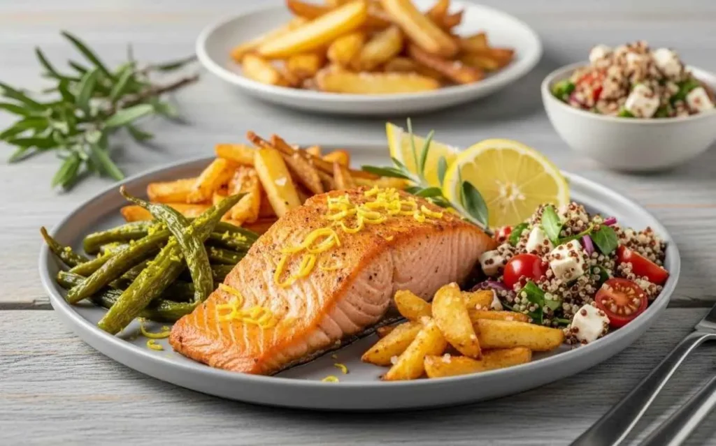 Filet de saumon rôti, zeste de citron, servi avec haricots verts, frites maison et salade de quinoa et feta sur une assiette grise.