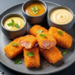 Bouchées de Saumon panés et croustillants, coupés pour montrer la chair rose, servis avec trois sauces diverses sur une assiette grise.