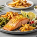 Filet de saumon rôti, zeste de citron, servi avec haricots verts, frites maison et salade de quinoa et feta sur une assiette grise.