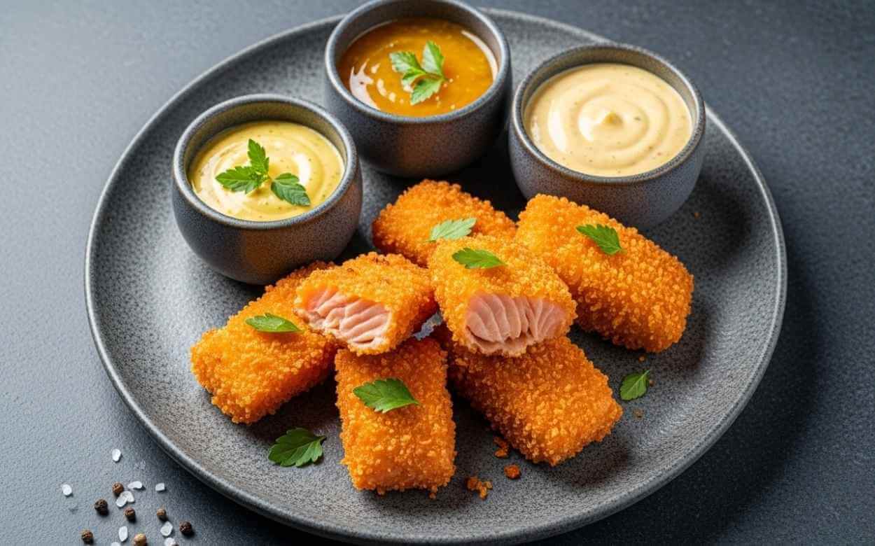 Bouchées de Saumon panés et croustillants, coupés pour montrer la chair rose, servis avec trois sauces diverses sur une assiette grise.