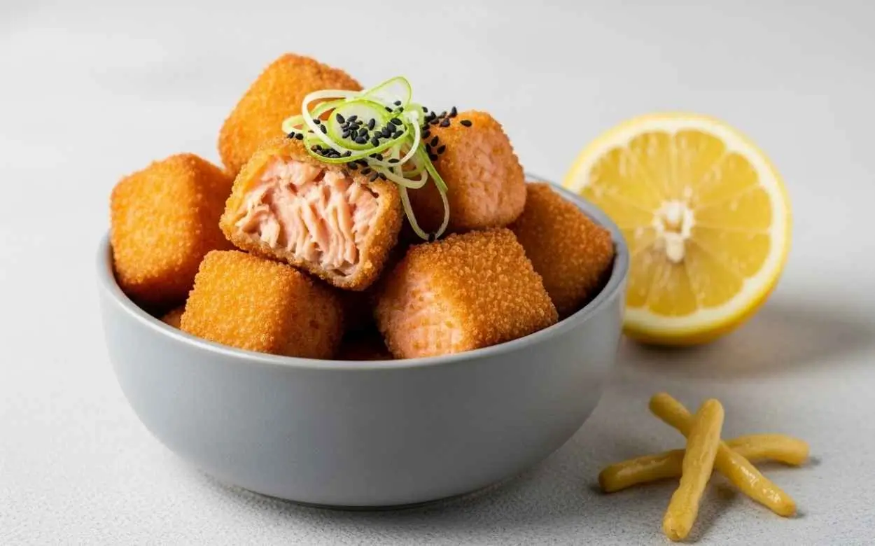Bouchées de saumon panées et croustillantes servies dans un bol gris, garnies de graines de sésame noir et d'oignon vert, avec un demi-citron.