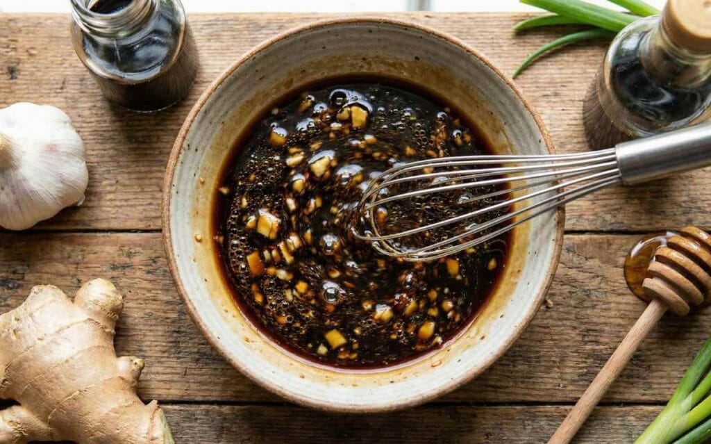 Préparation d'une marinade ou d'une sauce brune (soja et miel) dans un bol avec un fouet, entourée d'ail, de gingembre et de ciboulette.