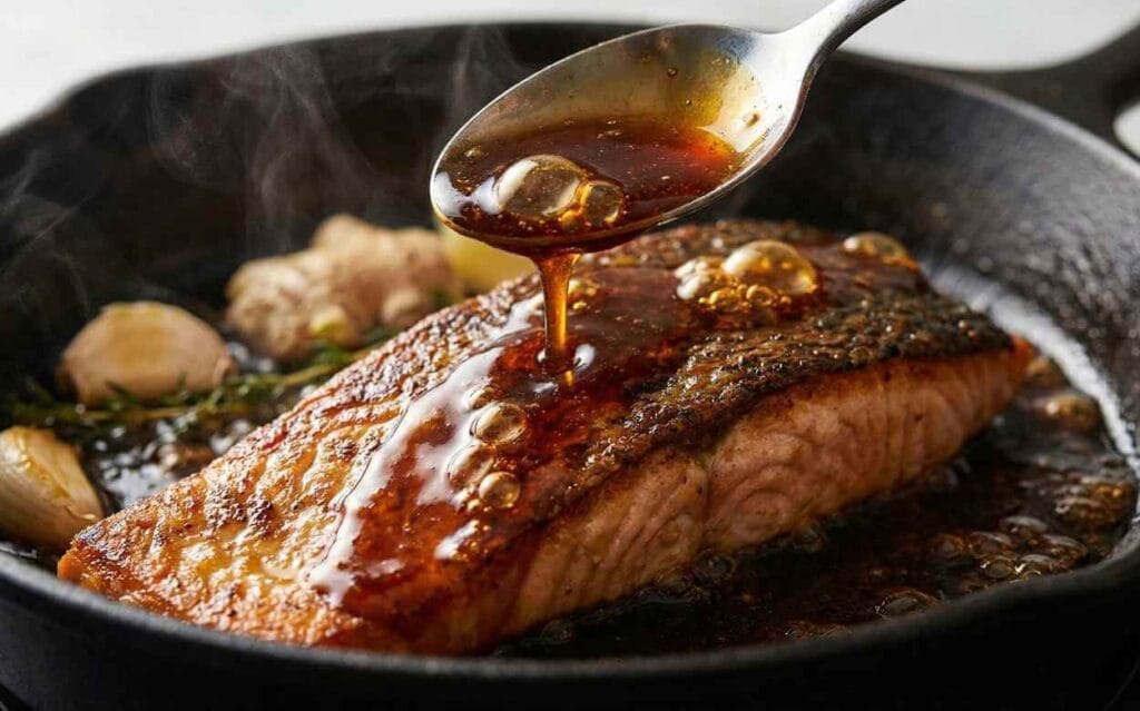 Le moment du glaçage ! On arrose le saumon d'une sauce au miel et au soja pour une peau croustillante et une saveur caramélisée. ✨