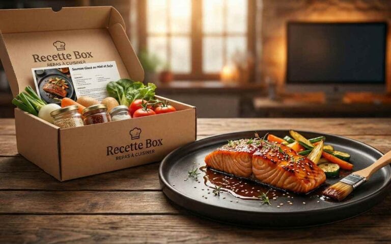 Box repas "Recette Box" ouverte avec ingrédients (légumes, épices) et recette "Saumon Glacé au Miel et Soja", à côté du plat cuisiné.