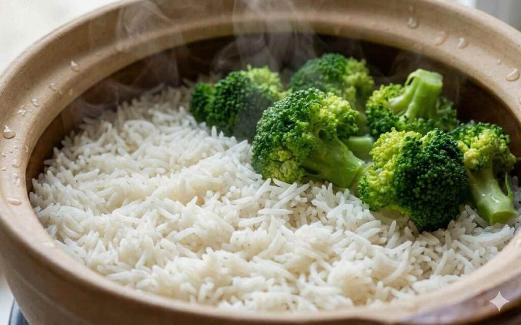box repas : Gros plan sur des têtes de brocolis vert vif et du riz blanc à grains longs cuisant à la vapeur dans une marmite en terre cuite.