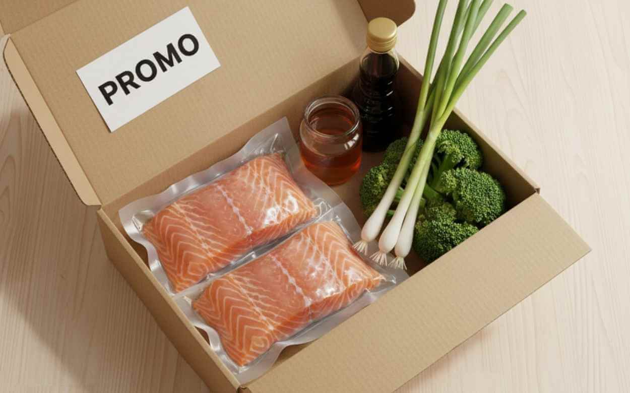 Deux filets de saumon emballés sous vide dans une boîte repas "PROMO" avec du brocoli, des oignons verts et deux petites bouteilles de sauce ou d'huile.