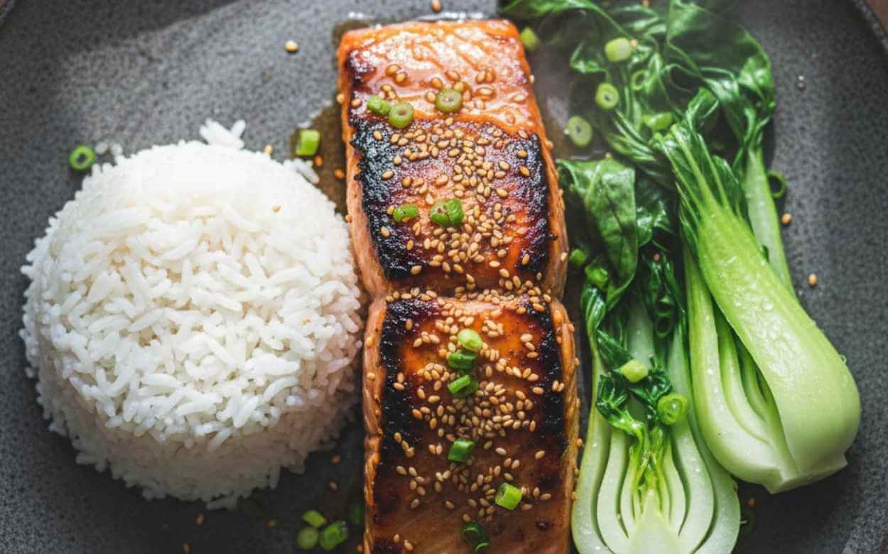 Deux filets de saumon glacé au miel et graines de sésame, servis avec du riz blanc et du bok choy.