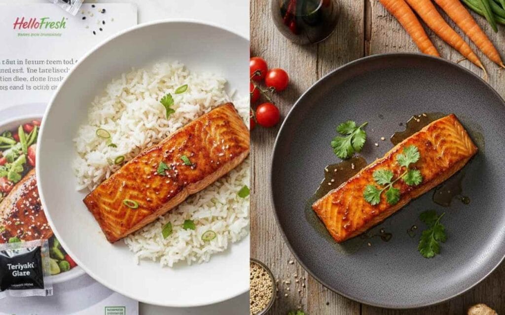 Montage photo comparant un saumon glacé HelloFresh sur riz et un saumon glacé sur une assiette grise.