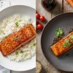 Montage photo comparant un saumon glacé HelloFresh sur riz et un saumon glacé sur une assiette grise.