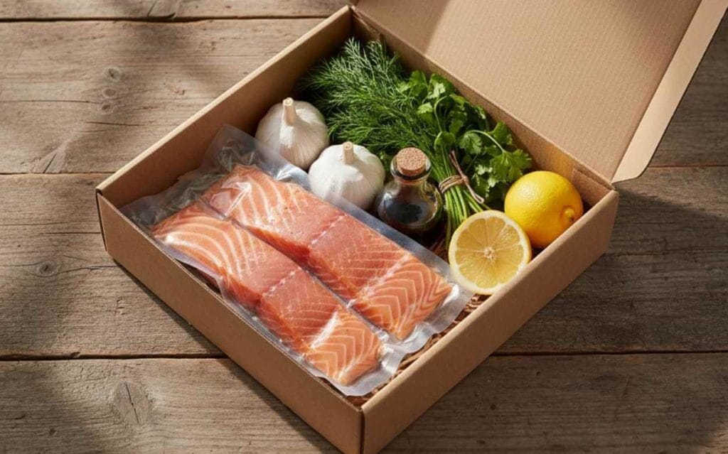 Ingrédients d'une box repas : deux saumons emballés, ail, aneth, persil, citron et bouteille de sauce sur fond de bois.