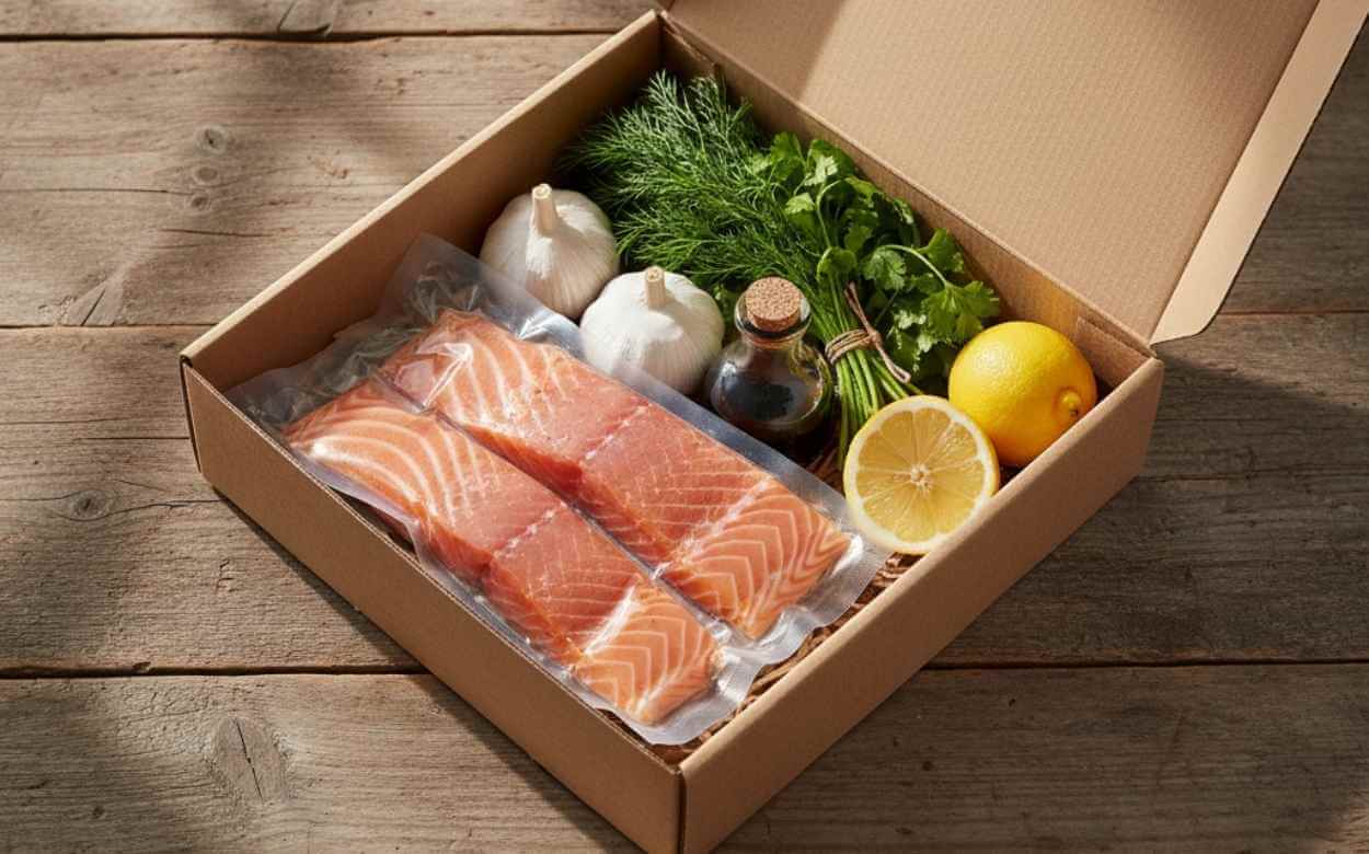 Ingrédients d'une box repas : deux saumons emballés, ail, aneth, persil, citron et bouteille de sauce sur fond de bois.