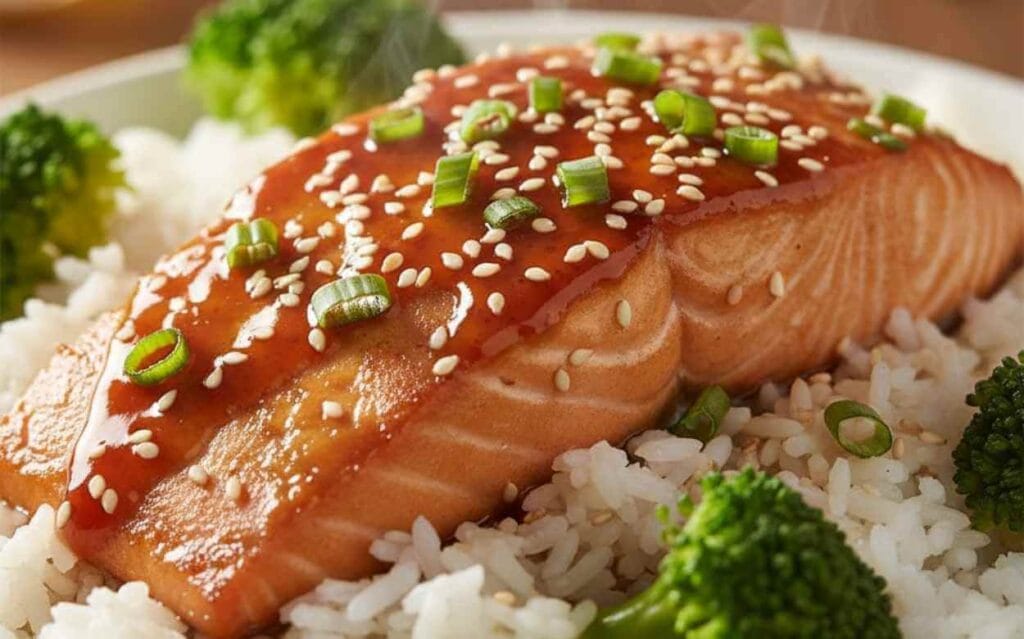 Gros plan sur un filet de saumon glacé au sésame et oignons verts, servi sur du riz blanc et du brocoli.