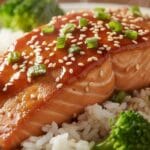 Gros plan sur un filet de saumon glacé au sésame et oignons verts, servi sur du riz blanc et du brocoli.