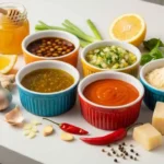 Ingrédients pour sauces : 6 ramequins colorés remplis de sauces, entourés de miel, citron, gingembre, ail, piment, et parmesan.