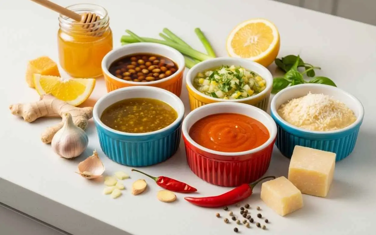 Ingrédients pour sauces : 6 ramequins colorés remplis de sauces, entourés de miel, citron, gingembre, ail, piment, et parmesan.