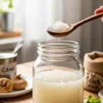 Main tenant une cuillère en bois pleine de grains de kéfir au-dessus d'un bocal en verre.
