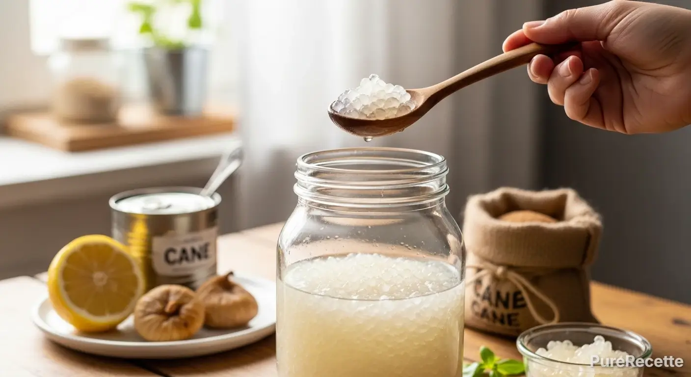 Main tenant une cuillère en bois pleine de grains de kéfir au-dessus d'un bocal en verre.