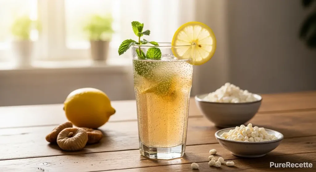 Verre de kéfir de fruits pétillant garni de citron et de menthe, avec des figues sèches et des grains de kéfir.