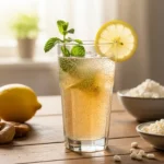 Verre de kéfir de fruits pétillant garni de citron et de menthe, avec des figues sèches et des grains de kéfir.