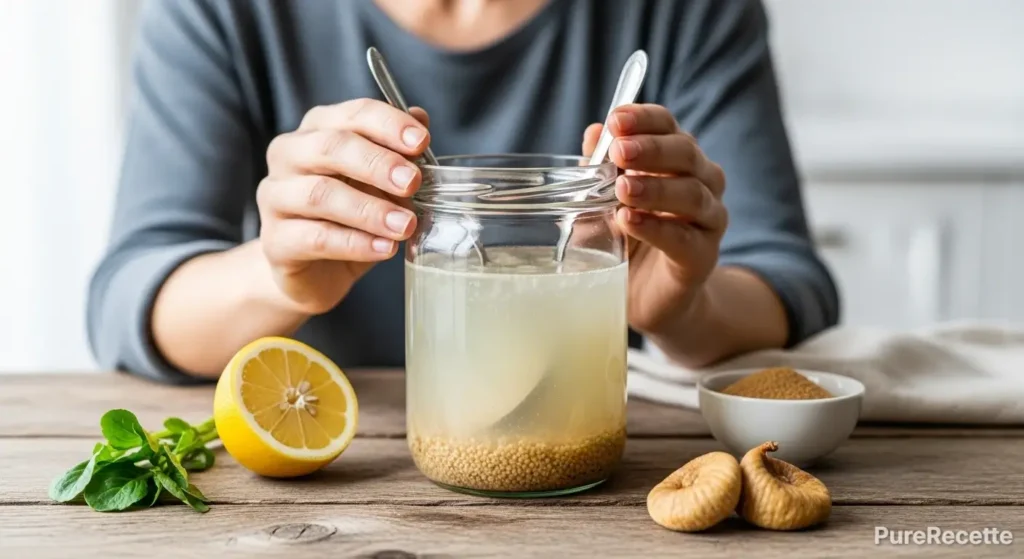Personne remuant un bocal en verre avec de l'eau, du sucre et des grains de kéfir au fond.