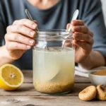 Personne remuant un bocal en verre avec de l'eau, du sucre et des grains de kéfir au fond.