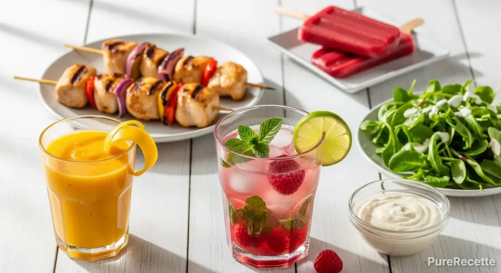 Repas d'été avec des brochettes de poulet grillées, une salade, une boisson jaune, et un cocktail de fruits rouges.