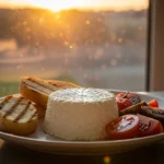 Fromage frais sur assiette avec tomates et pain grillé devant un coucher de soleil flou.