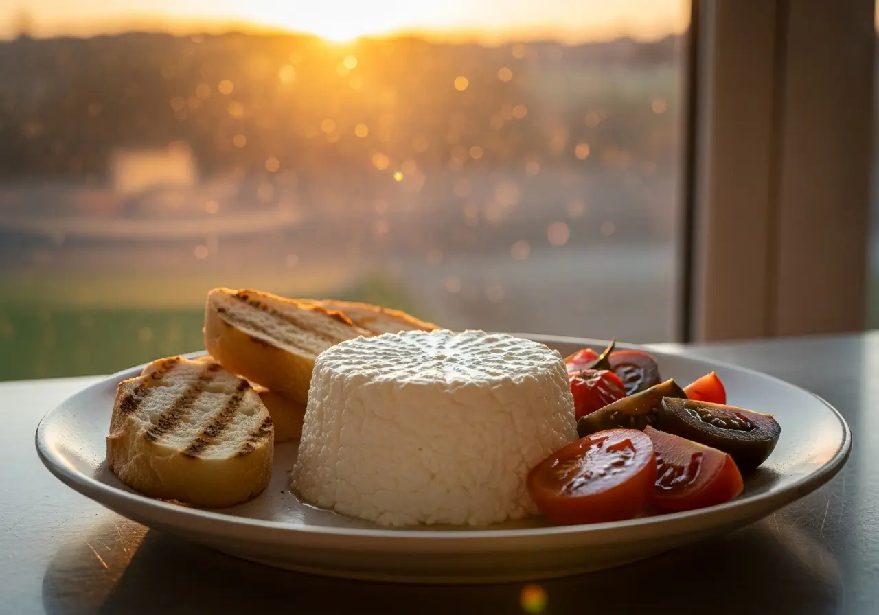 Fromage frais sur assiette avec tomates et pain grillé devant un coucher de soleil flou.