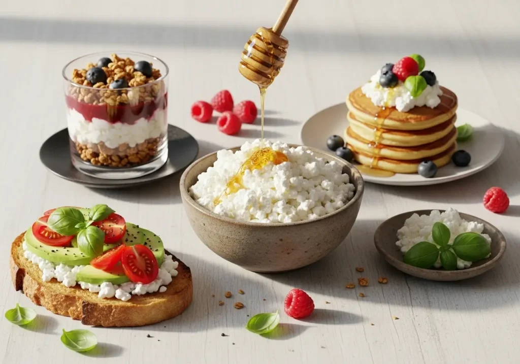 Assortiment de plats à base de cottage cheese : toast salé, parfait aux fruits et pancakes, avec du miel versé.