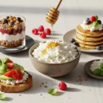 Assortiment de plats à base de cottage cheese : toast salé, parfait aux fruits et pancakes, avec du miel versé.