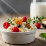 Bol de cottage cheese garni de framboises, noix de pécan et rayon de miel sur table en bois