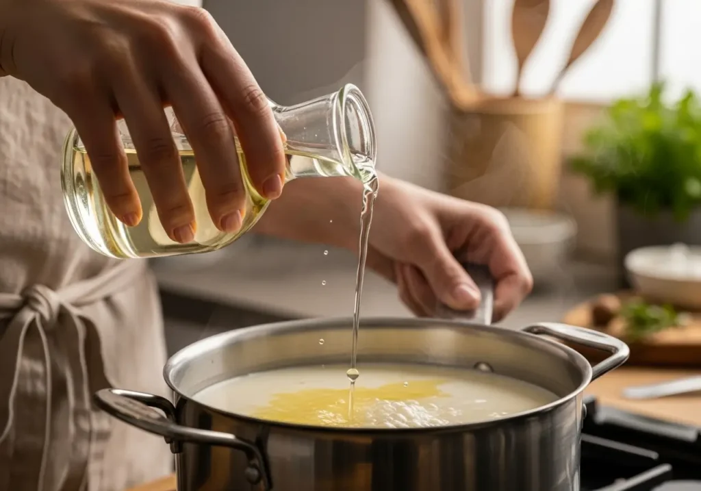 Main versant de l'huile d'une fiole en verre dans une casserole de liquide chaud sur une cuisinière.