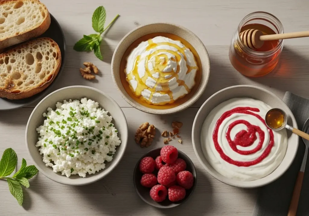 Trois bols de cottage cheese assaisonné : ciboulette, miel, et coulis de framboise.