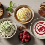 Trois bols de cottage cheese assaisonné : ciboulette, miel, et coulis de framboise.