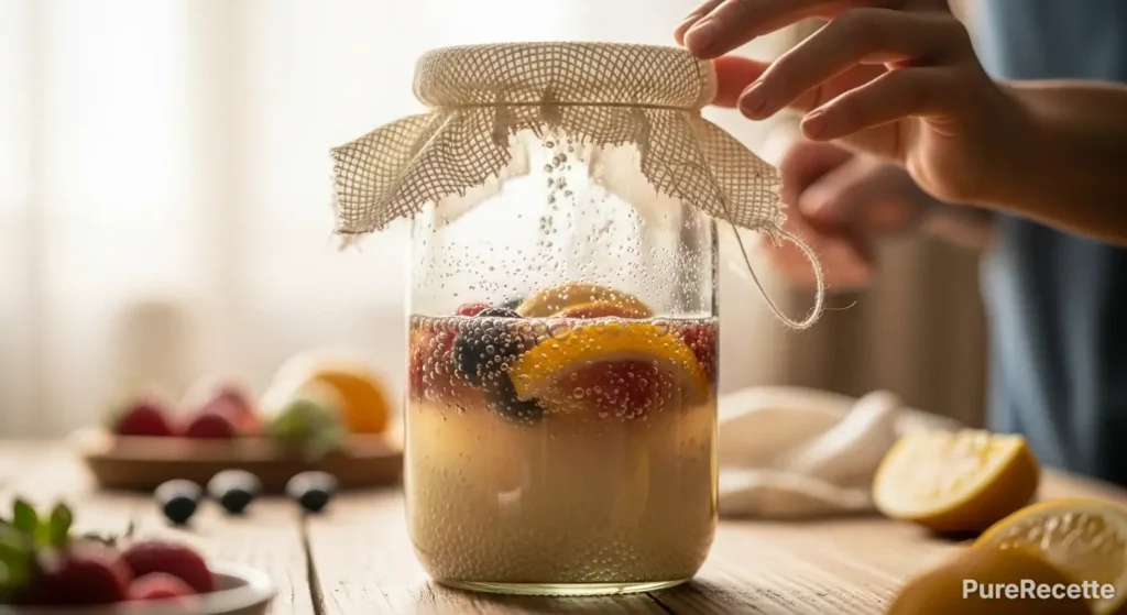 Kéfir de fruits maison en fermentation, grains visibles dans bocal, boisson saine probiotique pour une digestion facile.