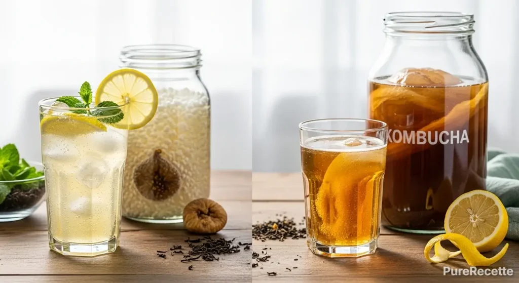 Comparaison entre le kéfir de fruits (boisson claire, citron, figues, grains) et le kombucha (boisson ambrée, SCOBY, thé, citron).