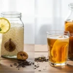 Comparaison entre le kéfir de fruits (boisson claire, citron, figues, grains) et le kombucha (boisson ambrée, SCOBY, thé, citron).