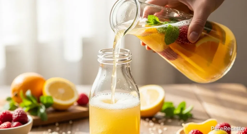 Kéfir de fruits maison prêt à être mis en bouteille, main tenant une bouteille en verre pour conservation au réfrigérateur. Boisson fermentée saine et pétillante.