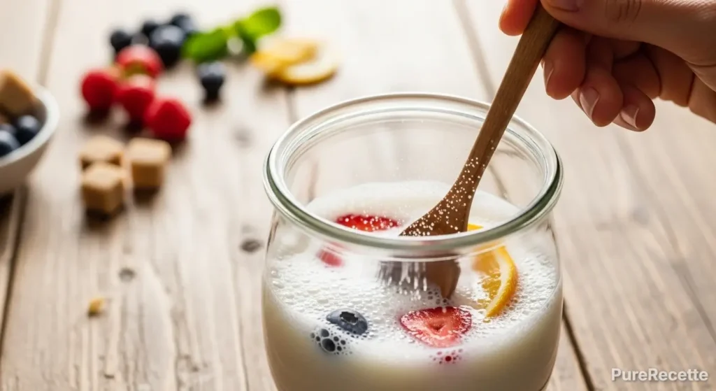 Préparation kéfir de fruits maison : ajout et mélange du sucre avec une cuillère en bois, activant les grains pour une boisson parfaite.