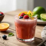 Bouteille élégante de kéfir de fruits maison, boisson fermentée saine, garnie de citrons frais, baies et menthe pour une dégustation parfaite.