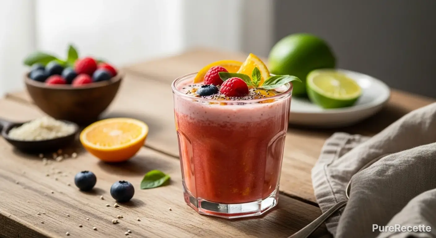 Bouteille élégante de kéfir de fruits maison, boisson fermentée saine, garnie de citrons frais, baies et menthe pour une dégustation parfaite.