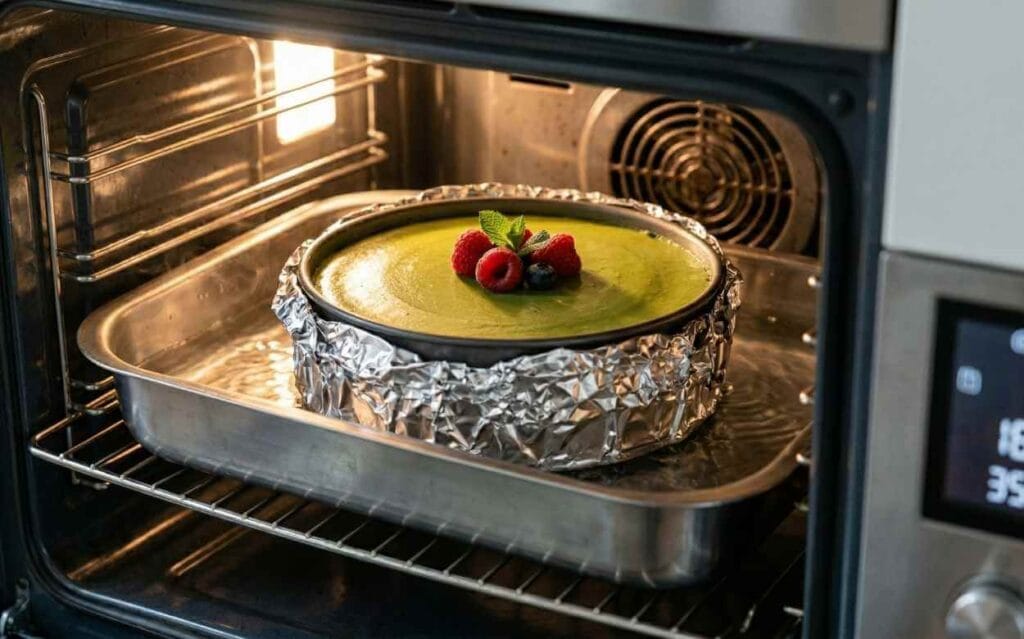 Cheesecake au matcha dans un moule entouré d'aluminium, cuisant au bain-marie dans un four moderne.